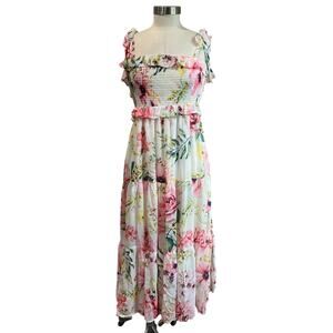 Flying Tomato Floral Maxi Dress Smocked Bodice Tie Straps Midi Sundress Sz S